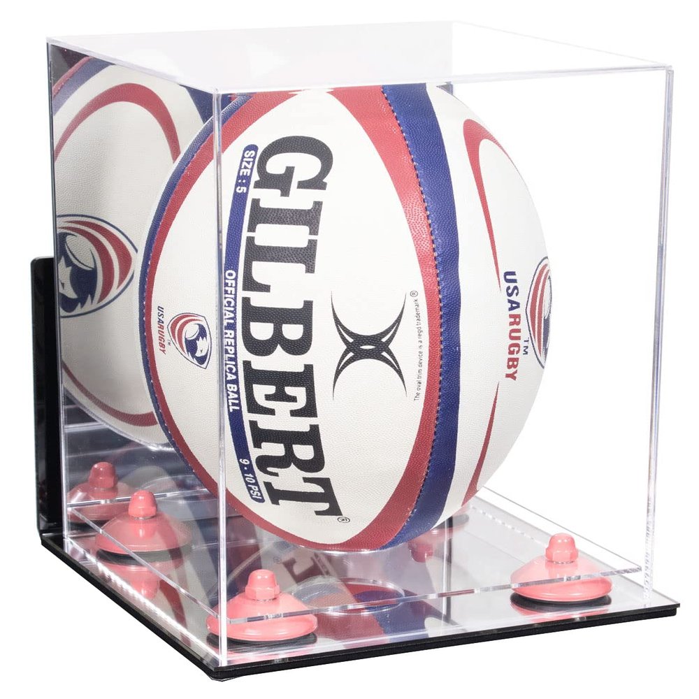 Better Display Cases Acrylic Rugby Ball Display Case Vertical with Mirror Case, Pink Risers , Wall Mount and Mirror Base (B42/A060)