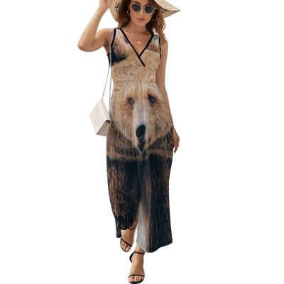 Alberta Grizzly Bear Women's Summer Sleeveless Loose Sundress Casual V Neck Long Beach Dresses 2XL