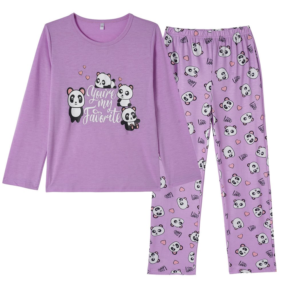 Vopmocld Big Girls' Funny Panda Pajama Sets Winter Long Sleeve Long Pants Sleepwear Letters Heart Shape Loungewear, Purple-Panda, 10