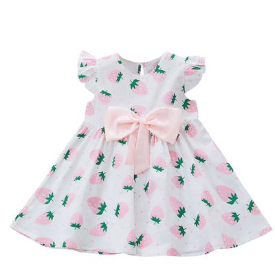 Bowknot Print Girls Strawberry Princess Party Toddler Casual Dress Baby Kids Girls Party Outfits (Pink, 12-18 Months)