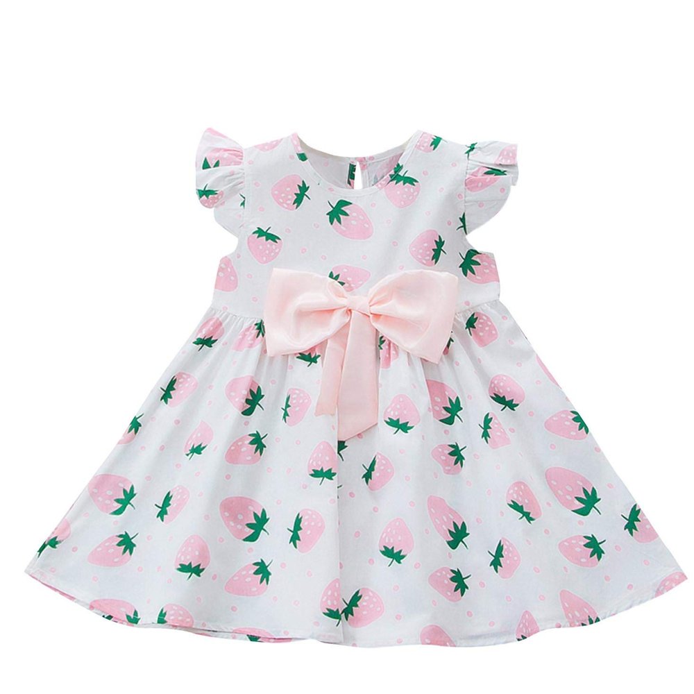 Bowknot Print Girls Strawberry Princess Party Toddler Casual Dress Baby Kids Girls Party Outfits (Pink, 12-18 Months)