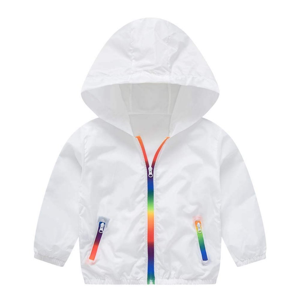 Toddler Kids Summer Sunscreen Jackets Rainbow Hooded Outerwear Zipper Coats Girl Light Jacket (White, 7-8 Years)