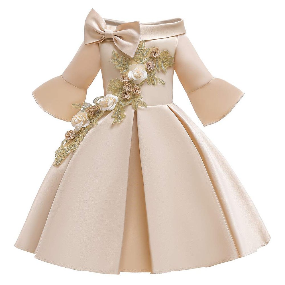 Floral Kids Girls Princess Bridesmaid Pageant Gown Birthday Party Wedding Dress Monsoon Dress Women (Beige, 5-6 Years)