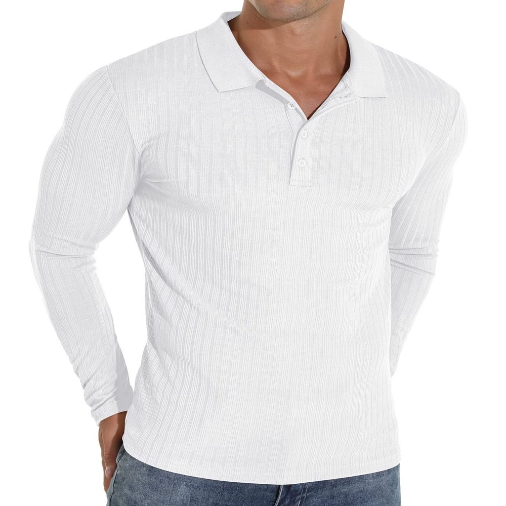 Askdeer Men's Polo Shirts Long Sleeve Slim Fit Casual Shirts Classic Stretch Polo T Shirt Golf Shirts White