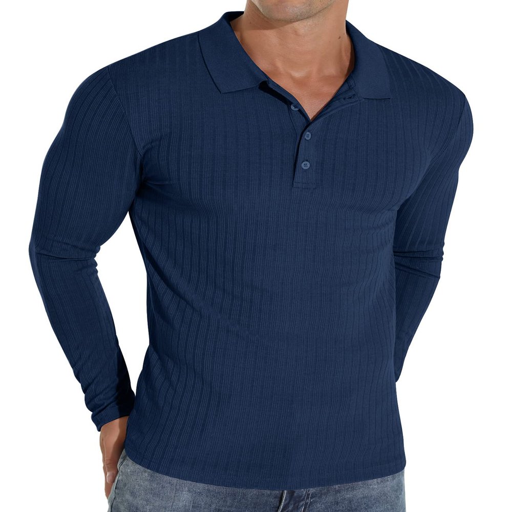 Askdeer Men's Polo Shirts Long Sleeve Slim Fit Casual Shirts Classic Stretch Polo T Shirt Golf Shirts Blue