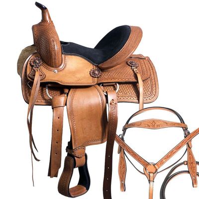 Daarkgreen Leather Western Barrel Racing Horse Saddle and Tack Set Headstall Breast Collar and Reins Size 12-18 Inches