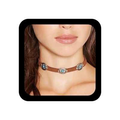 Allereyae Bohemia Turquoise Leather Choker Necklace - Brown Suede, Short Bead, Authentic Native American Chain Jewelry for Women