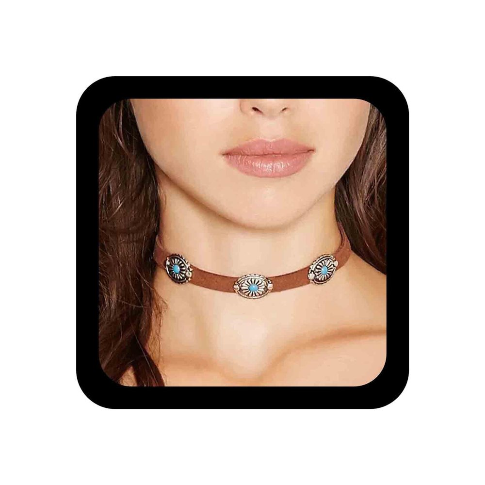 Allereyae Bohemia Turquoise Leather Choker Necklace - Brown Suede, Short Bead, Authentic Native American Chain Jewelry for Women