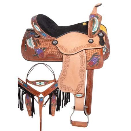 Daarkgreen Leather Western Barrel Racing Horse Saddle and Tack Set Headstall Breast Collar and Reins Size 12-18 Inches
