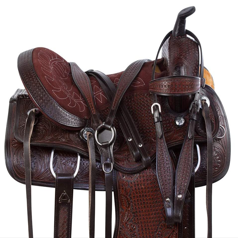 Daarkgreen Leather Western Barrel Racing Horse Saddle and Tack Set Headstall Breast Collar and Reins Size 12-18 Inches