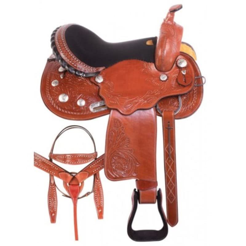 Daarkgreen Leather Western Barrel Racing Horse Saddle and Tack Set Headstall Breast Collar and Reins Size 12-18 Inches