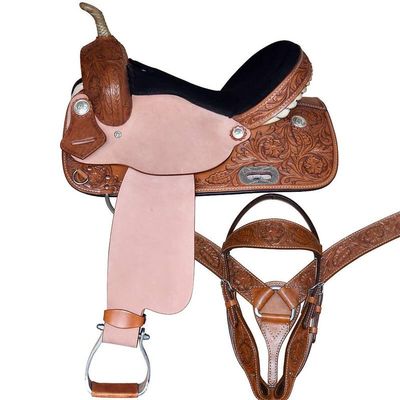 Daarkgreen Leather Western Barrel Racing Horse Saddle and Tack Set Headstall Breast Collar and Reins Size 12-18 Inches