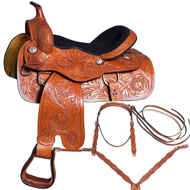 Daarkgreen Leather Western Barrel Racing Horse Saddle and Tack Set Headstall Breast Collar and Reins Size 12-18 Inches