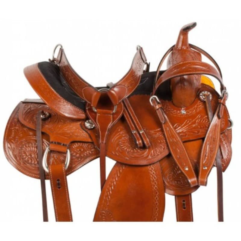 Daarkgreen Leather Western Barrel Racing Horse Saddle and Tack Set Headstall Breast Collar and Reins Size 12-18 Inches