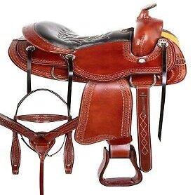 Daarkgreen Leather Western Barrel Racing Horse Saddle and Tack Set Headstall Breast Collar and Reins Size 12-18 Inches