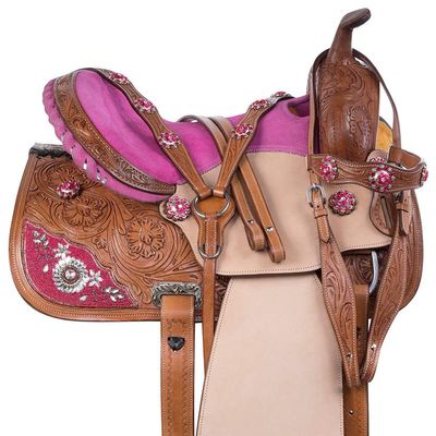 Daarkgreen Leather Western Barrel Racing Horse Saddle and Tack Set Headstall Breast Collar and Reins Size 12-18 Inches
