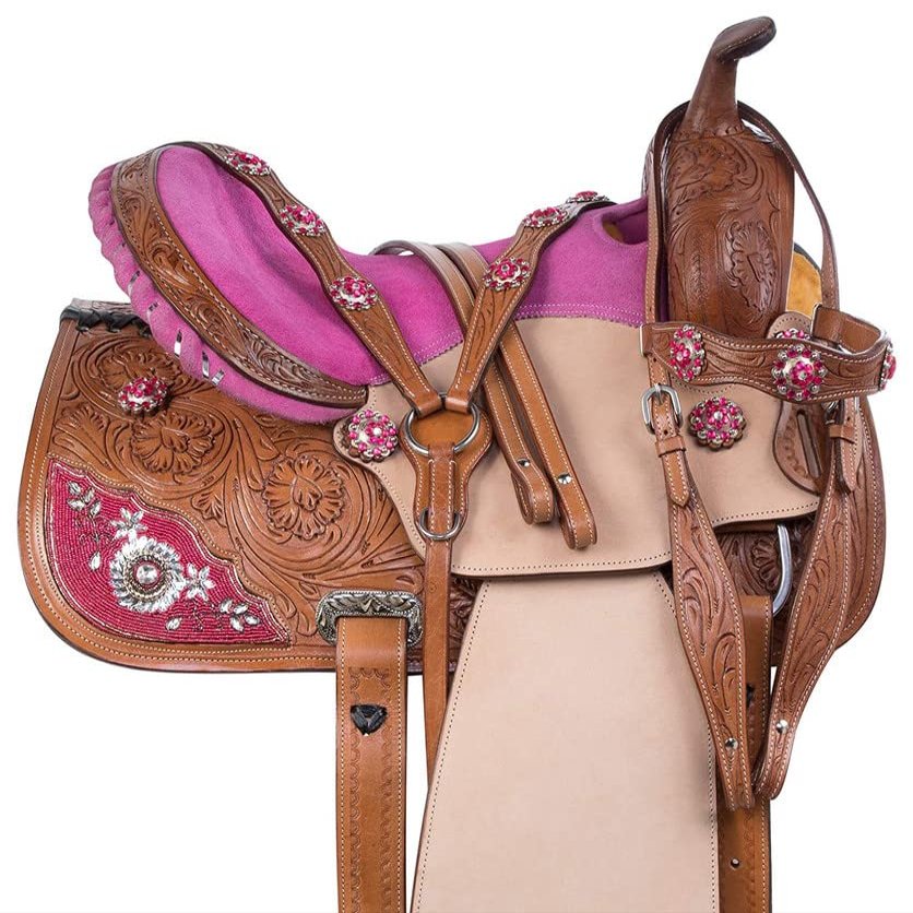 Daarkgreen Leather Western Barrel Racing Horse Saddle and Tack Set Headstall Breast Collar and Reins Size 12-18 Inches