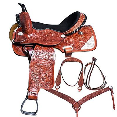 Daarkgreen Leather Western Barrel Racing Horse Saddle and Tack Set Headstall Breast Collar and Reins Size 12-18 Inches
