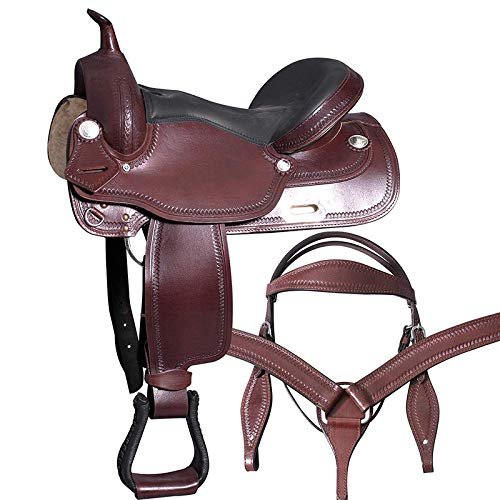 Daarkgreen Leather Western Barrel Racing Horse Saddle and Tack Set Headstall Breast Collar and Reins Size 12-18 Inches