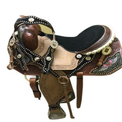 Daarkgreen Leather Western Barrel Racing Horse Saddle and Tack Set Headstall Breast Collar and Reins Size 12-18 Inches