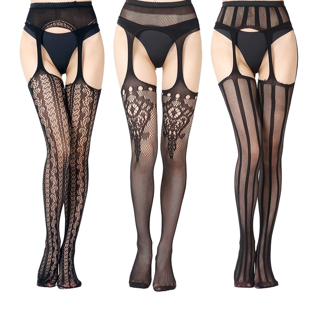 EVERSWE High Waist Fishnet Tights, Thigh High Suspender Stockings (Su3P, SM)