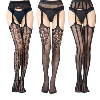 EVERSWE High Waist Fishnet Tights, Thigh High Suspender Stockings (Su3P, LXL)
