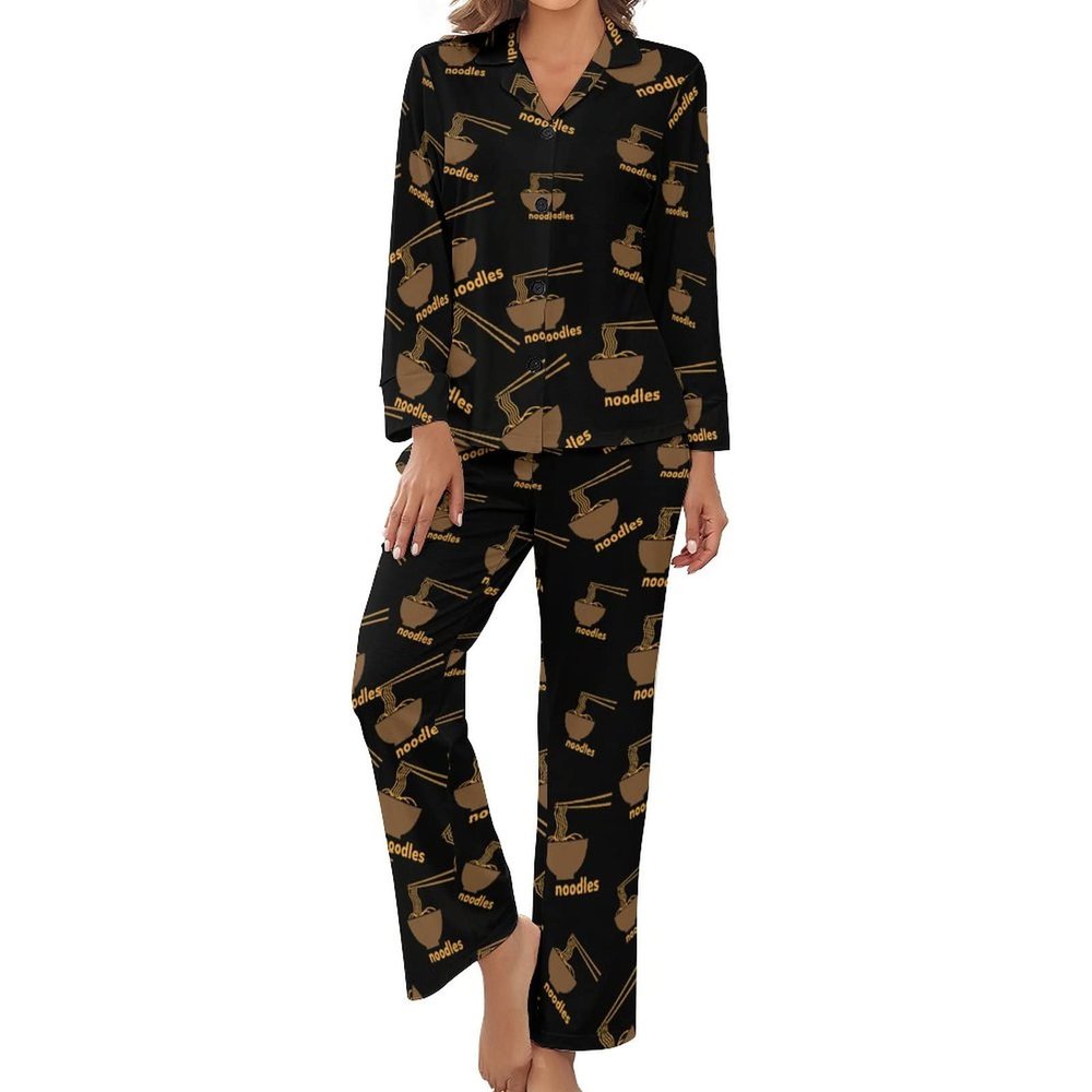 BAIKUTOUAN Japanese Ramen Noodles Women's Button Down Pajamas Set Long Sleeve Sleepwear Nightwear