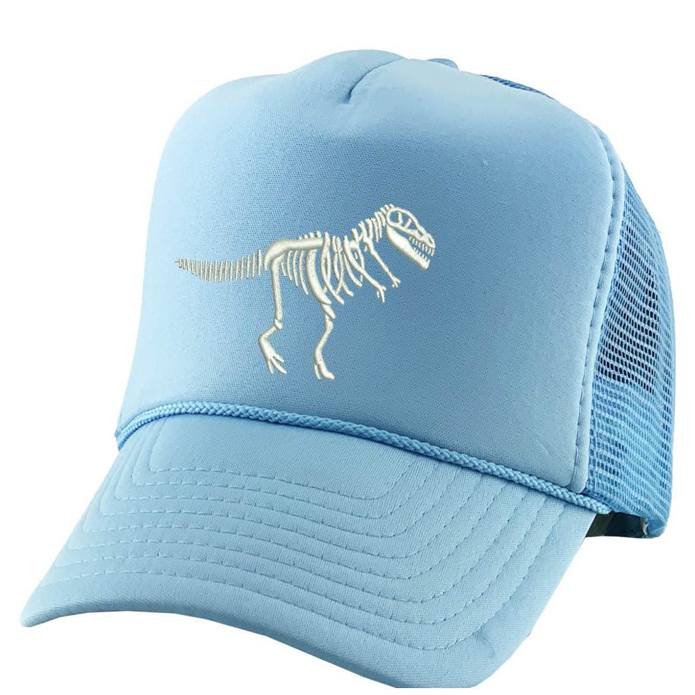 ALLNTRENDS Dinosaour Skeleton Embroidered Trucker Hat Embroidery Dino Cap Adjustable Skull Caps (Sky Blue)
