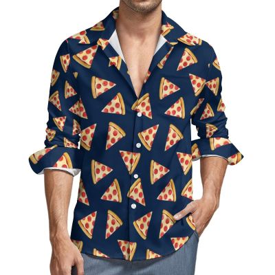 Pizza Slice Food Men's Shirt Long-Sleeve Button Hawaiian Shirt Tops for Casual Beach Work S