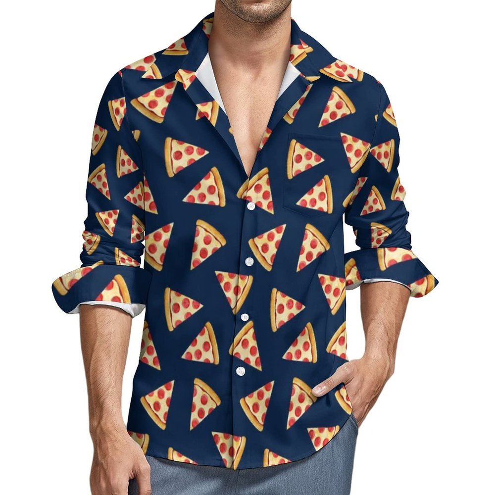 Pizza Slice Food Men's Shirt Long-Sleeve Button Hawaiian Shirt Tops for Casual Beach Work S