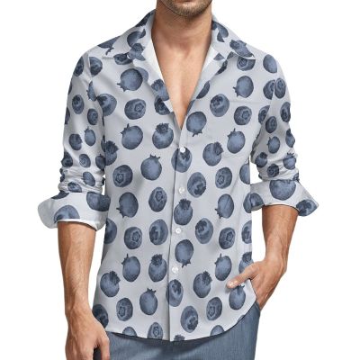 Blueberry Men's Shirt Long-Sleeve Button Hawaiian Shirt Tops for Casual Beach Work XL