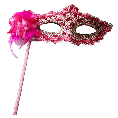 AZYOUNG Women's Masquerade Masks Side Feather Flower Petal Hand Held Lace Mask with Stick (Rose Red)