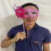 AZYOUNG Women's Masquerade Masks Side Feather Flower Petal Hand Held Lace Mask with Stick (Rose Red) view 2