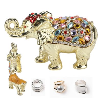 Beufee Hollow Gold Elephant Jewelry Storage Box, 2Pcs Rhinestone Bejeweled Elephant Jewelry Box Animal Figurine Jewelry Trinket Holder Box for Women Girls