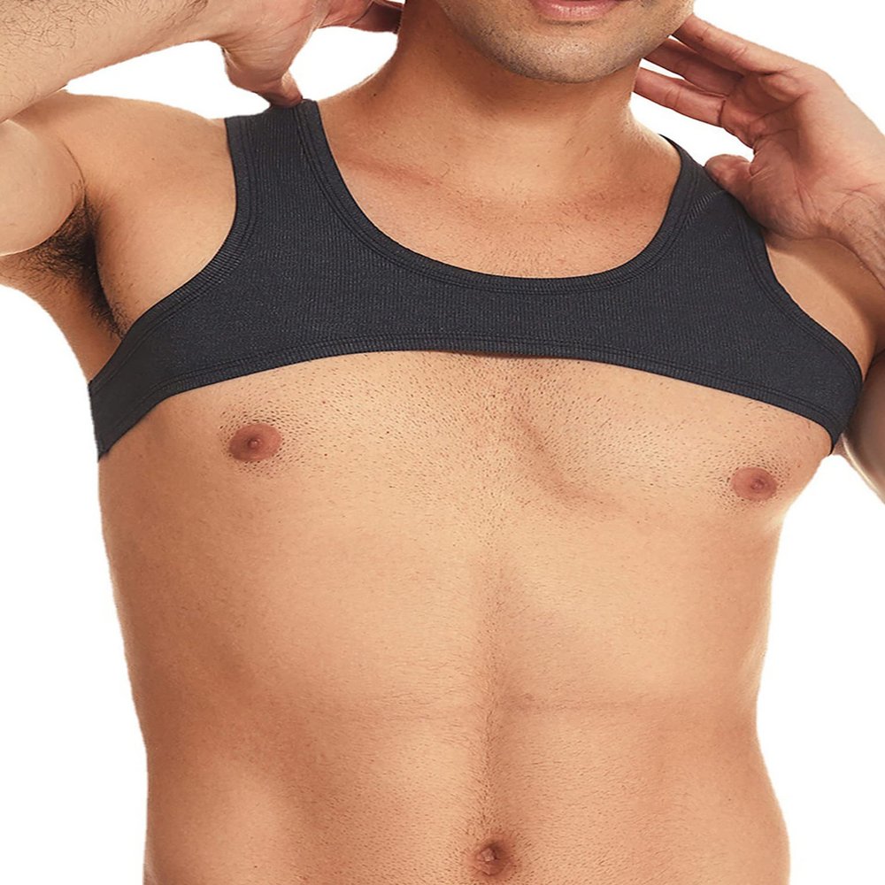 Hansber Men's Gym Workout Muscle Half Crop Top Rave Tank Top Fitness Tee Shirt Vest Activewear Clubwear Black Small