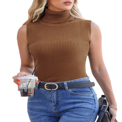 Totatuit Turtleneck Sleeveless Tops for Women Knit Stretch Basic Cinch Waist Tunic Tops Gray