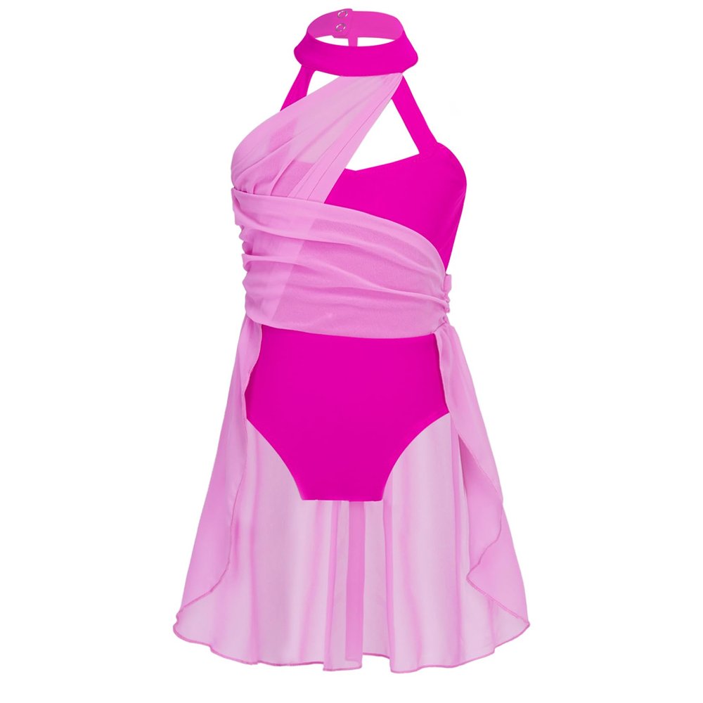 Fldy Kids Girls Lyrical Dance Costumes Modern Jazz Dancewear Sleeveless Mesh Dress Ballet Dance Outfits Rose 12 Years