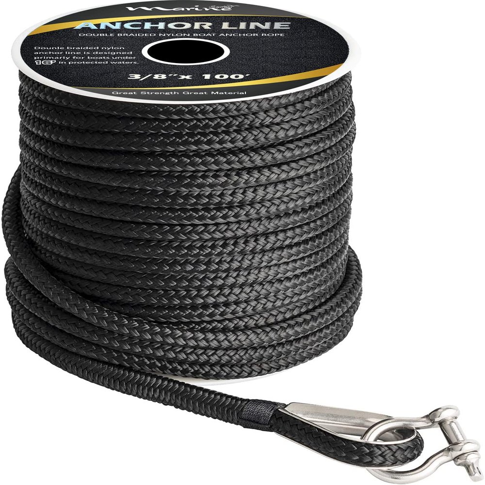 MARINE SYSTEM Made 3/8 Inch 100 FT 150 FT Black Grey Nylon Anchor Line Double Braided Anchor Rope/Line with Thimble (3/8" x 150' Black Nylon)