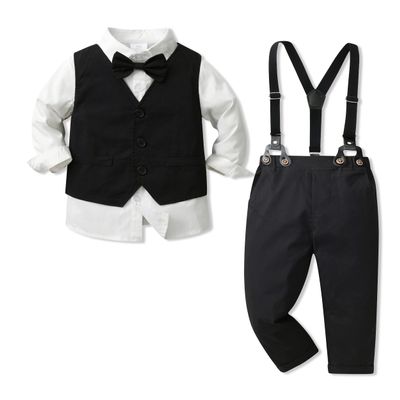 ALINTU Boys Dress Clothes, Long Sleeve Dress Shirt + Vest + Suspender Pants Set, Gentleman Outfits for Boys, Black 18-24 Months = Tag 90