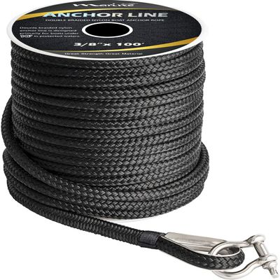 MARINE SYSTEM Made 3/8 Inch 100 FT 150 FT Black Grey Nylon Anchor Line Double Braided Anchor Rope/Line with Thimble (3/8" x 100' Black Nylon)