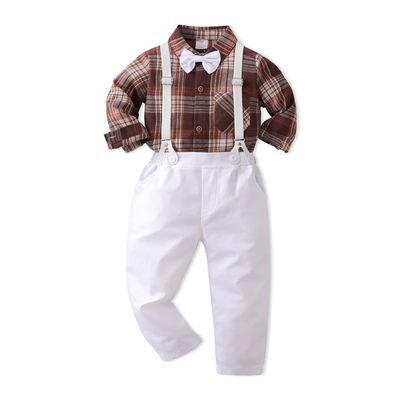 ALINTU Baby Boys Dress Clothes, Long Sleeve Dress Shirt + Suspender Pants Set, Gentleman Outfits for Boys, Plaid Brown White, 12-18 Months = Tag 80