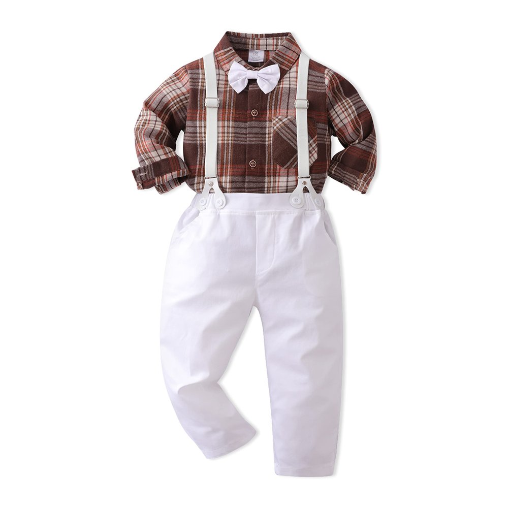 ALINTU Baby Boys Dress Clothes, Long Sleeve Dress Shirt + Suspender Pants Set, Gentleman Outfits for Boys, Plaid Brown White, 12-18 Months = Tag 80