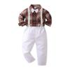 ALINTU Baby Boys Dress Clothes, Long Sleeve Dress Shirt + Suspender Pants Set, Gentleman Outfits for Boys, Plaid Brown White, 12-18 Months = Tag 80 view 1