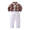 ALINTU Baby Boys Dress Clothes, Long Sleeve Dress Shirt + Suspender Pants Set, Gentleman Outfits for Boys, Plaid Brown White, 12-18 Months = Tag 80 view 2