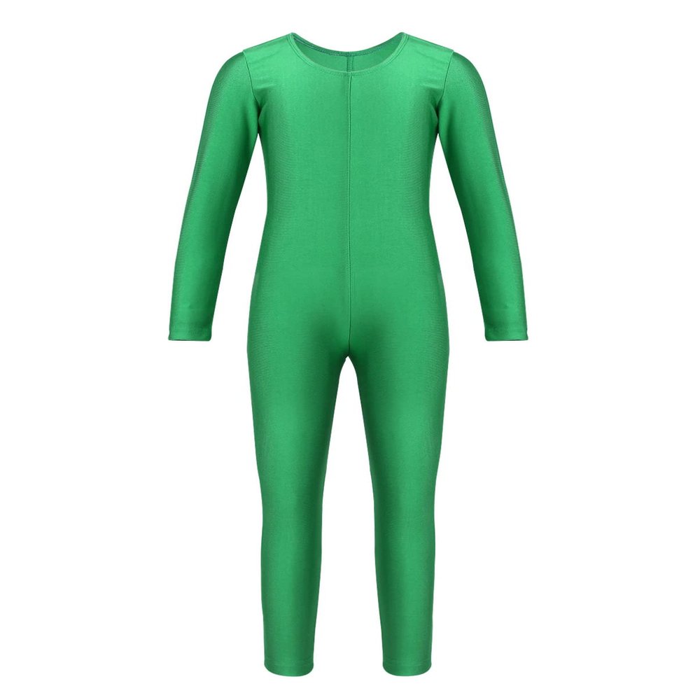 dPois Girls Gymnastics Ballet Dance Unitard Solid Color Stretch Leotard Long Sleeve Full Bodysuit Jumpsuit Green 13-14 Years