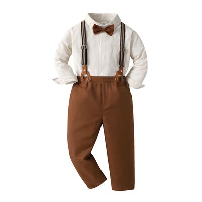 ALINTU Baby Boys Dress Clothes, Long Sleeve Dress Shirt + Suspender Pants Set, Gentleman Outfits for Boys, Stripes Khaki, 18-24 Months = Tag 90