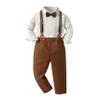 ALINTU Baby Boys Dress Clothes, Long Sleeve Dress Shirt + Suspender Pants Set, Gentleman Outfits for Boys, Stripes Khaki, 18-24 Months = Tag 90 view 1