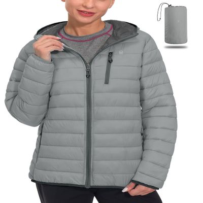 Little Donkey Andy Women's Packable Lightweight Puffer Jacket Windproof Hooded Winter Coat with Recycled Insulation Light Grey L