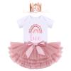 Baby Girls Rainbow 1st 2nd Birthday Outfit Romper Tutu Skirt with Diaper Cover Tulle Bloomers and Crown Headband 3PCS Infant Birthday Cake Smash Outfit for Photo Prop Dusty Pink Two + Crown 2 Years view 1