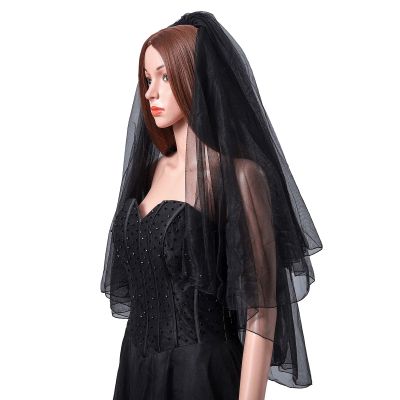 Acenail Black Veil Short Womens Wedding Bride Veil 2 Tier Fingertip Length Bridal Tulle Veils with Comb Veils for Halloween Cosplay Costume